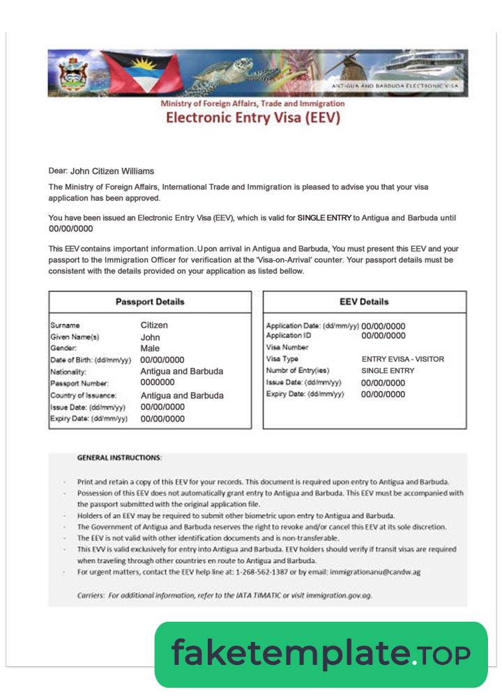 Feature of fake ANTIGUA AND BARBUDA e-visa example